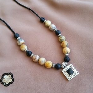 Natural Lace Agate & Lava stone necklace w/pendant